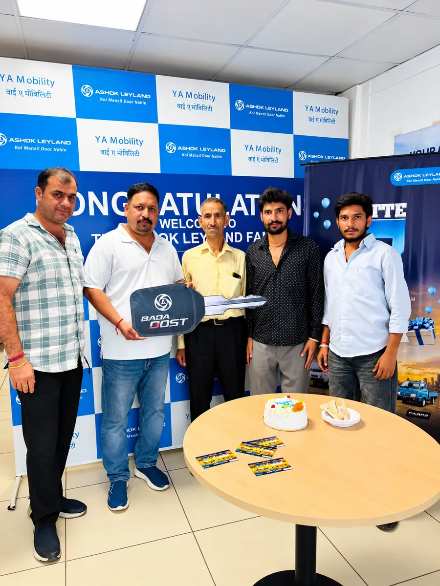 Customer receiving the keys to a new Ashok Leyland BADA DOST at YA Mobility, Jammu