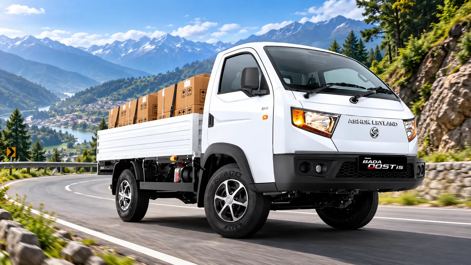 Ashok Leyland BADA DOST i5 diesel LCV carrying boxed cargo on a hill road
