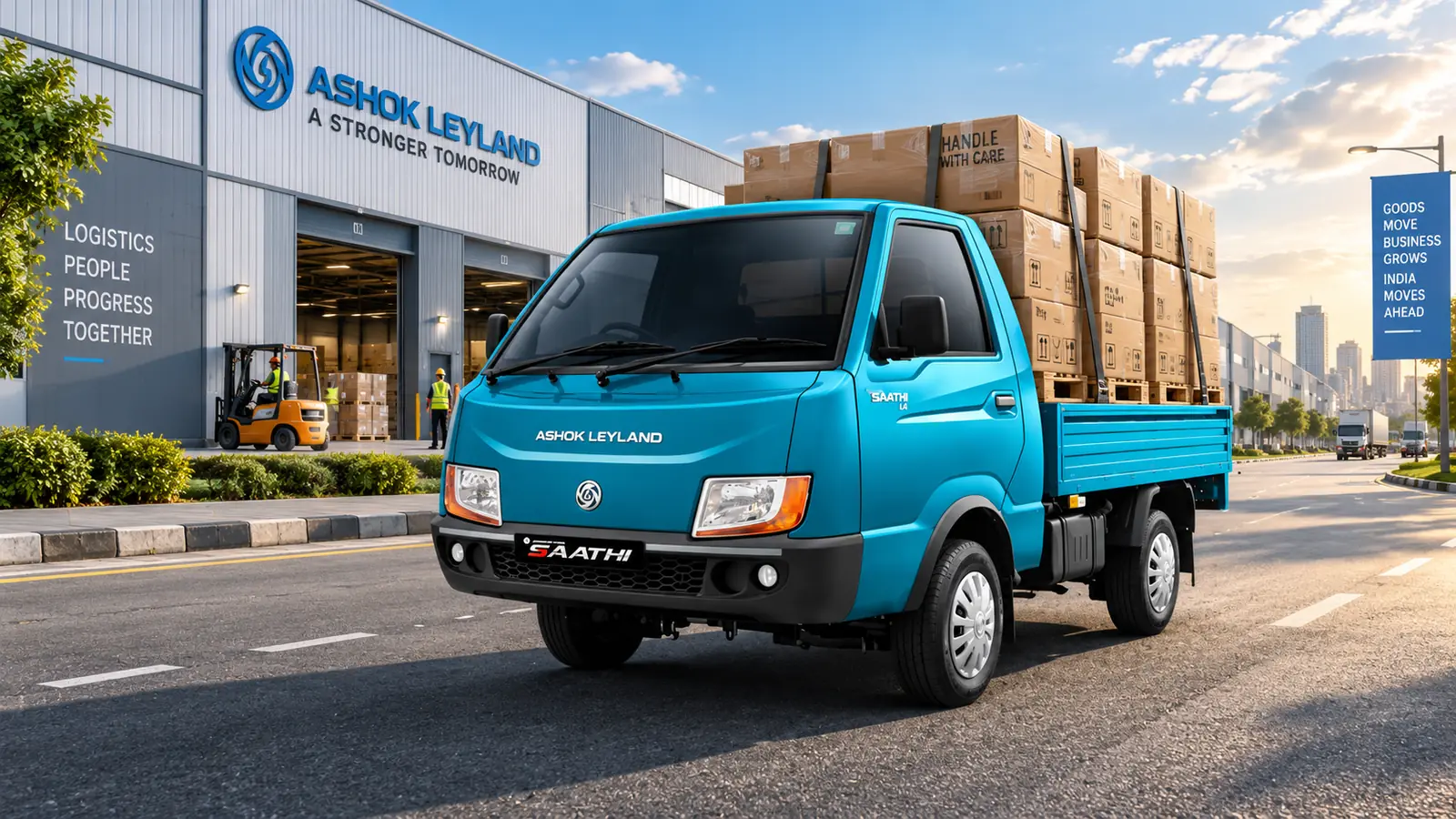 Ashok Leyland SAATHI diesel mini truck loaded outside a logistics warehouse