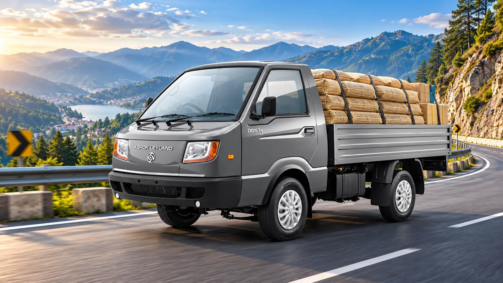 Ashok Leyland DOST + XL diesel LCV carrying sacks on a mountain highway